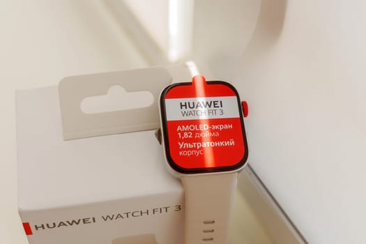Tyumen, Russia-June 20, 2024: Huawei Watch Fit 3 With AMOLED Display on a Wrist