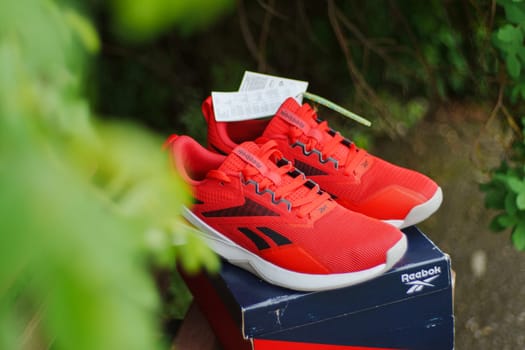 Tyumen, Russia-June 20, 2024: Red Reebok logo model Nanoflex sneakers, running shoes.
