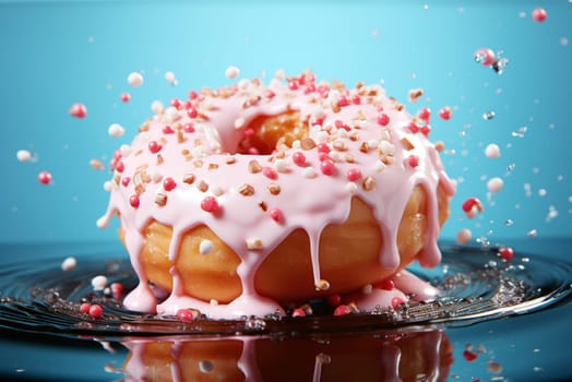 Sweet strawberry glazed donuts with sprinkles on white background, Delicious colorful donuts isolated on white background With clipping path.