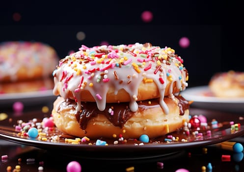 Sweet strawberry glazed donuts with sprinkles on white background, Delicious colorful donuts isolated on white background With clipping path.