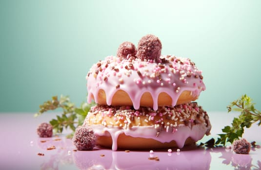 Sweet strawberry glazed donuts with sprinkles on white background, Delicious colorful donuts isolated on white background With clipping path.