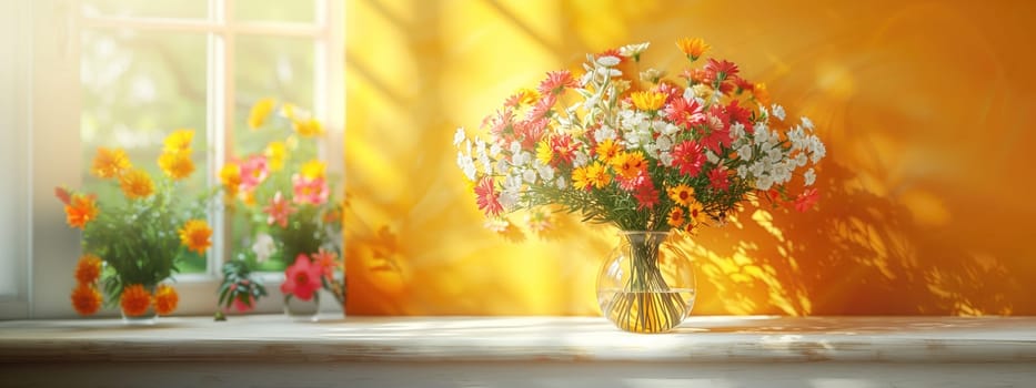 Bouquet of wildflowers in a small glass vase on the white table. chamomiles, cornflowers, green grass. Summer concept. Contrast shadows on the pastel yellow wall. Country style. Mockup template. space for copy.