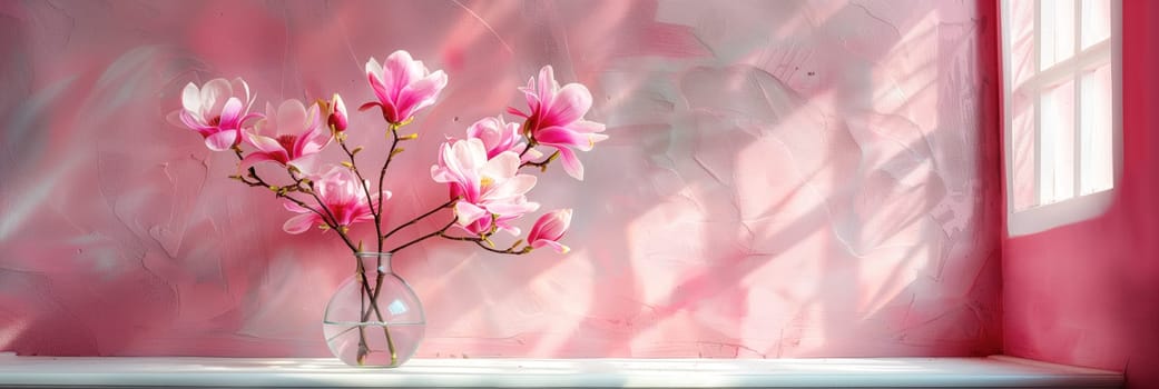 Magnolia flowers in a glass vase on the white table. Summer concept. Contrast shadows on the pastel pink wall. Country style. Mockup template. space for copy.