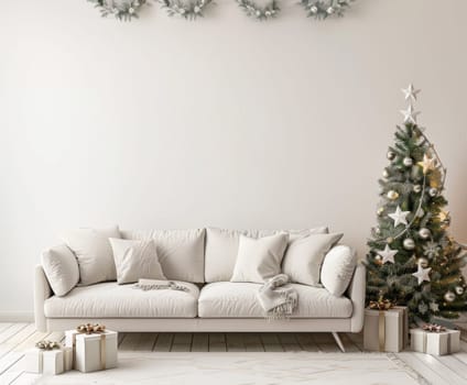 Festive white christmas living room decor with tree, gifts, and ornaments for holiday season celebration and decoration event