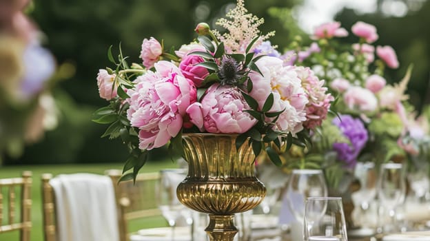 Wedding decoration with peonies, floral decor and event celebration, peony flowers and wedding ceremony in the garden, English country style