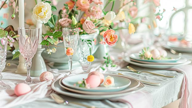 Easter tablescape decoration, floral holiday table decor for family celebration, spring flowers, Easter eggs, Easter bunny and vintage dinnerware, English country and home styling