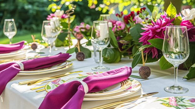 Table decor in a summer garden, holiday tablescape and dinner table setting, formal event decoration for wedding, family celebration, English country and home styling idea