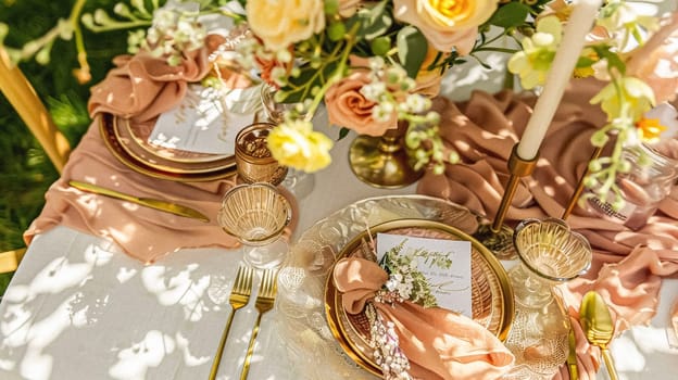 Table decor in a summer garden, holiday tablescape and dinner table setting, formal event decoration for wedding, family celebration, English country and home styling idea