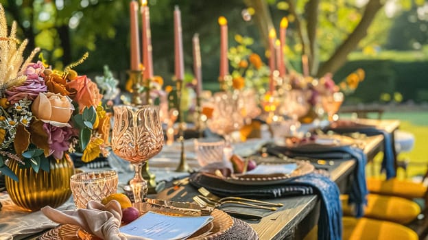 Table decor in a summer garden, holiday tablescape and dinner table setting, formal event decoration for wedding, family celebration, English country and home styling idea