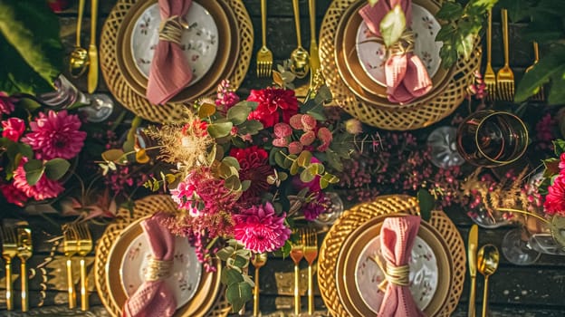 Table decor in a summer garden, holiday tablescape and dinner table setting, formal event decoration for wedding, family celebration, English country and home styling idea