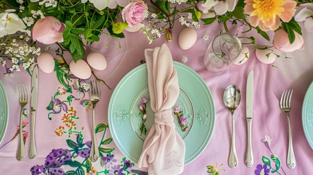 Easter tablescape decoration, floral holiday table decor for family celebration, spring flowers, Easter eggs, Easter bunny and vintage dinnerware, English country and home styling