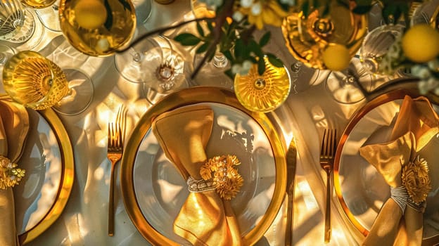 Table decor in a summer garden, holiday tablescape and dinner table setting, formal event decoration for wedding, family celebration, English country and home styling idea