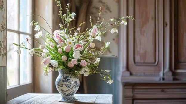 Spring flowers in vintage vase, beautiful floral arrangement, home decor, wedding and florist design