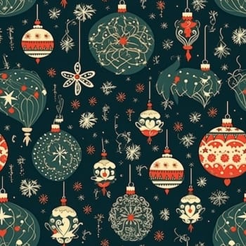 Christmas ornaments and decoration seamless pattern, holiday Christmas tree baubles, tileable country style print for wallpaper, wrapping paper, scrapbook, fabric and product design, post-processed, generative ai