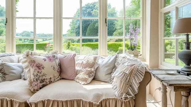 Cottage conservatory room decor, interior design and house improvement, garden furniture with sofa and home decor, English country house