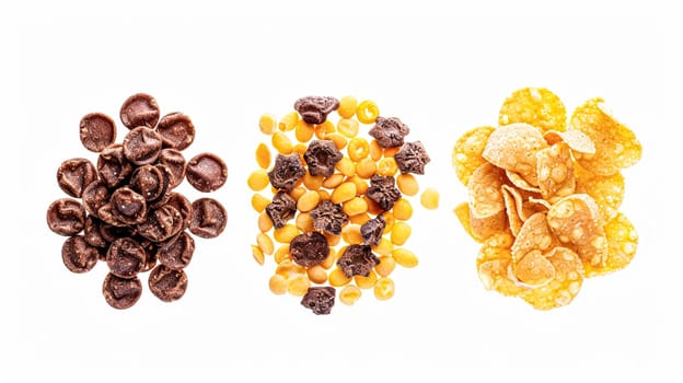Assortment of cereal, grains, muesli or oats for healthy breakfast, organic farm market product isolated on white background