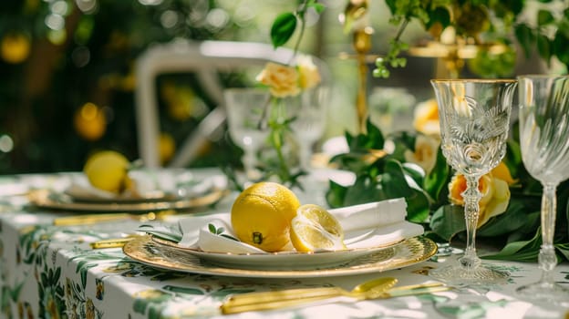 Table decor with fruits in citrus garden, holiday tablescape and dinner table setting, formal event decoration for wedding, family celebration, English country and home styling