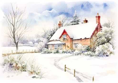 Watercolour printable winter countryside art print, English country cottage and snow, Christmas holiday, thank you and Happy Holidays diy greeting card design