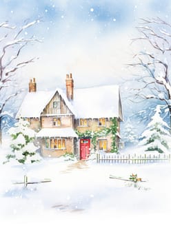 Watercolour printable winter countryside art print, English country cottage and snow, Christmas holiday, thank you and Happy Holidays diy greeting card design