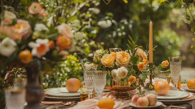 Table decor with fruits in citrus garden, holiday tablescape and dinner table setting, formal event decoration for wedding, family celebration, English country and home styling