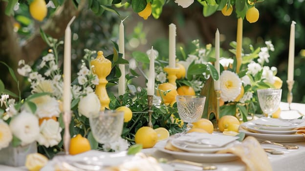 Table decor with fruits in citrus garden, holiday tablescape and dinner table setting, formal event decoration for wedding, family celebration, English country and home styling