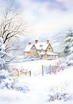 Watercolour printable winter countryside art print, English country cottage and snow, Christmas holiday, thank you and Happy Holidays diy greeting card design