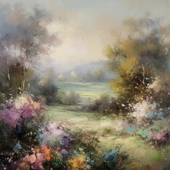 Oil style fine art painting of the English countryside, depicting romantic floral meadow, flowers field in soft pastel colours, evoking a sense of tranquility and natural beauty, printable art design