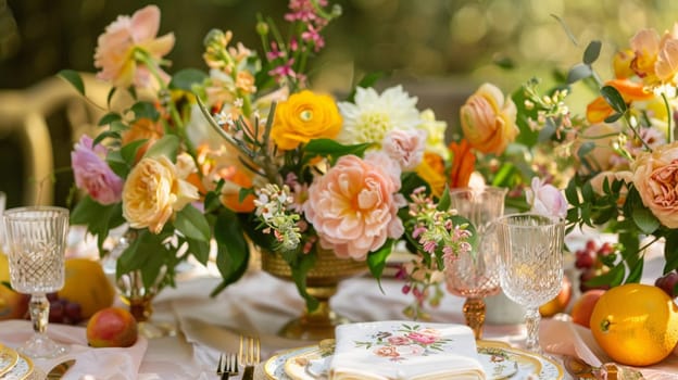 Table decor with fruits in citrus garden, holiday tablescape and dinner table setting, formal event decoration for wedding, family celebration, English country and home styling