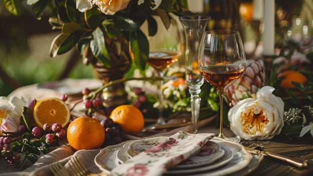 Table decor with fruits in citrus garden, holiday tablescape and dinner table setting, formal event decoration for wedding, family celebration, English country and home styling