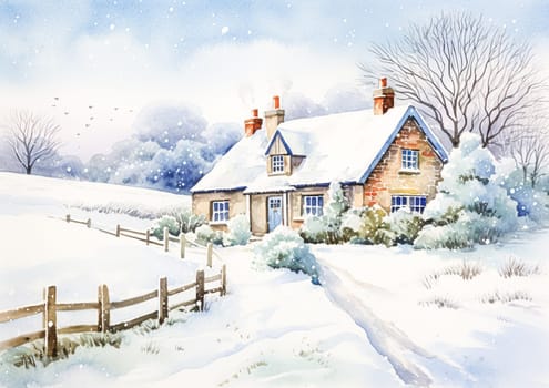 Watercolour printable winter countryside art print, English country cottage and snow, Christmas holiday, thank you and Happy Holidays diy greeting card design