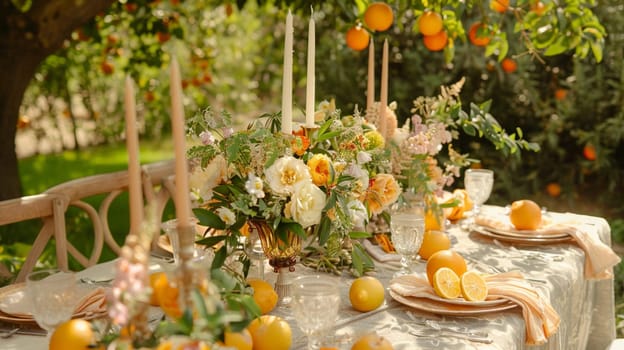 Table decor with fruits in citrus garden, holiday tablescape and dinner table setting, formal event decoration for wedding, family celebration, English country and home styling