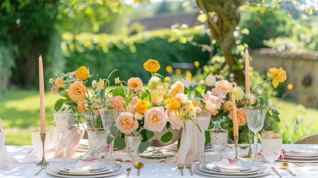 Table decor with fruits in citrus garden, holiday tablescape and dinner table setting, formal event decoration for wedding, family celebration, English country and home styling