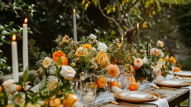 Table decor with fruits in citrus garden, holiday tablescape and dinner table setting, formal event decoration for wedding, family celebration, English country and home styling