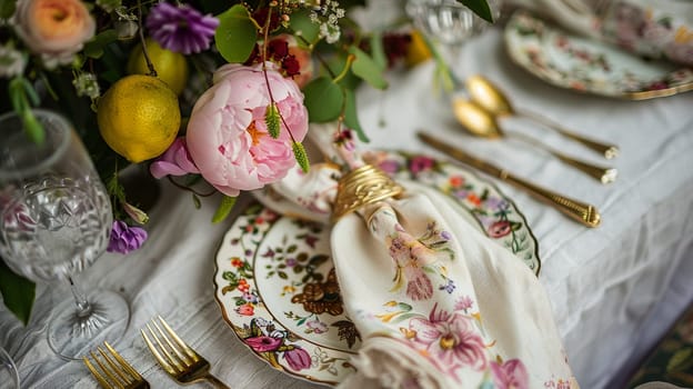 Table decor with fruits in citrus garden, holiday tablescape and dinner table setting, formal event decoration for wedding, family celebration, English country and home styling