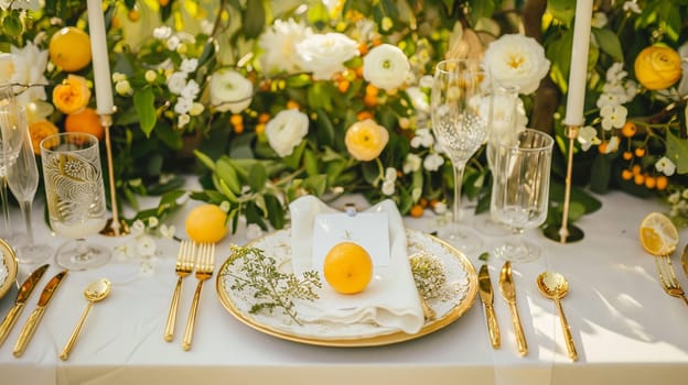 Table decor with fruits in citrus garden, holiday tablescape and dinner table setting, formal event decoration for wedding, family celebration, English country and home styling