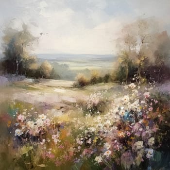 Oil style fine art painting of the English countryside, depicting romantic floral meadow, flowers field in soft pastel colours, evoking a sense of tranquility and natural beauty, printable art design