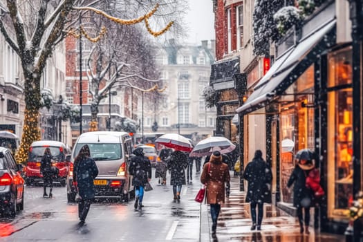 Crowdy street during Christmas shopping, snowing winter in the city idea, post-processed, generative ai