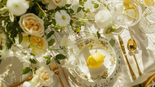Table decor with fruits in citrus garden, holiday tablescape and dinner table setting, formal event decoration for wedding, family celebration, English country and home styling