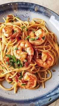 Pasta with shrimps, tomatoes and basil on a plate