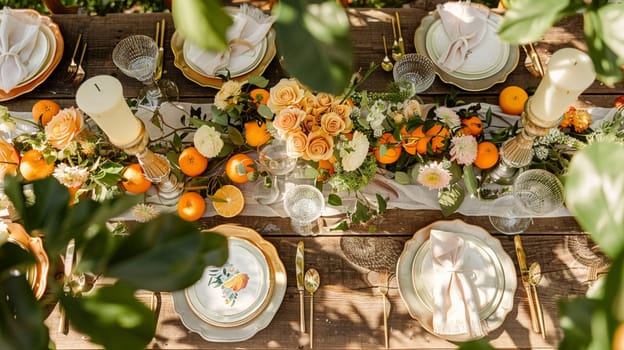 Table decor with fruits in citrus garden, holiday tablescape and dinner table setting, formal event decoration for wedding, family celebration, English country and home styling