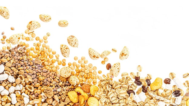 Assortment of cereal, grains, muesli or oats for healthy breakfast, organic farm market product isolated on white background