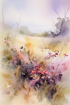 Fine art watercolour painting of the English countryside landscape with flowers, romantic nature evoking a sense of tranquility and natural beauty, printable art design idea