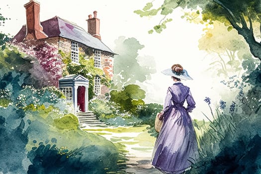 Fine art watercolour painting of the English countryside landscape, romantic nature evoking a sense of tranquility and natural beauty, printable art design idea