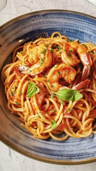 Pasta with shrimps, tomatoes and basil on a plate