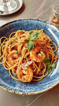 Pasta with shrimps, tomatoes and basil on a plate