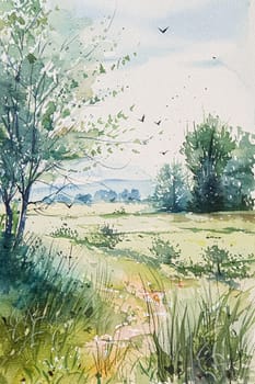 Fine art watercolour painting of the English countryside landscape with flowers, romantic nature evoking a sense of tranquility and natural beauty, printable art design idea