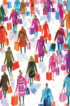 Retro watercolour painting of a women walking while carrying shopping bags, shop and retail idea