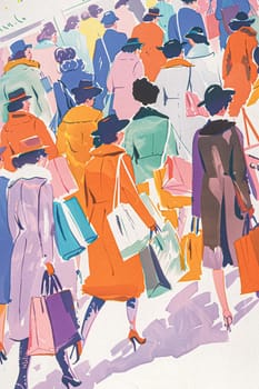 Retro watercolour painting of a women walking while carrying shopping bags, shop and retail idea