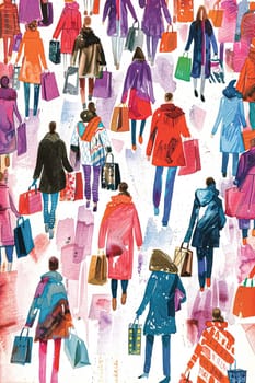 Retro watercolour painting of a women walking while carrying shopping bags, shop and retail idea