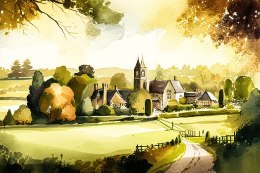 Fine art watercolour painting of the English countryside landscape, romantic nature evoking a sense of tranquility and natural beauty, printable art design idea